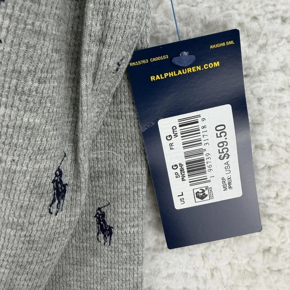 Polo Ralph Lauren Shirt Mens Large Gray Waffle Pony Logo Henley Sleep Pajama NWT